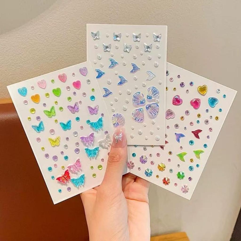 3D Glitter Face And Hair Stickers For Girls Butterfly Heart And Mermaid Tail Designs Colourful Gem Jewel Stickers3Pcs