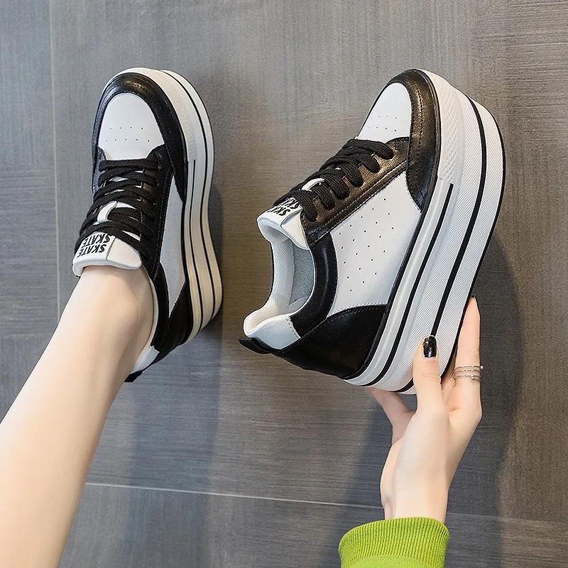 Fashion 11cm Natural Genuine Leather Platform Wedge Casual Chunky Sneakers Women Lace Up Ankle Boots Spring Autumn Moccasins Shoes