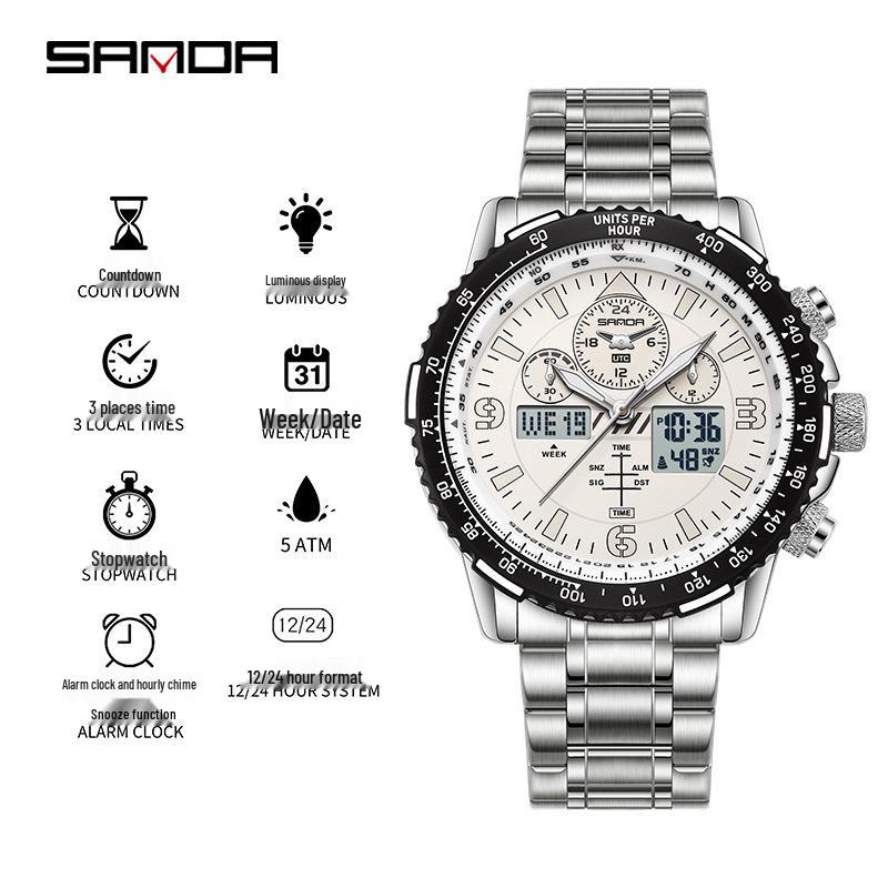 Orologio da polso da uomo Sanda a doppio movimento con display a tre finestre, multifunzioni, cinturino in pelle e acciaio e funzione impermeabile.