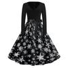 Women's Retro V-Neck Christmas Dress with Snowflake and Christmas Tree Print, Vintage A-Line Dress for Holiday Party
