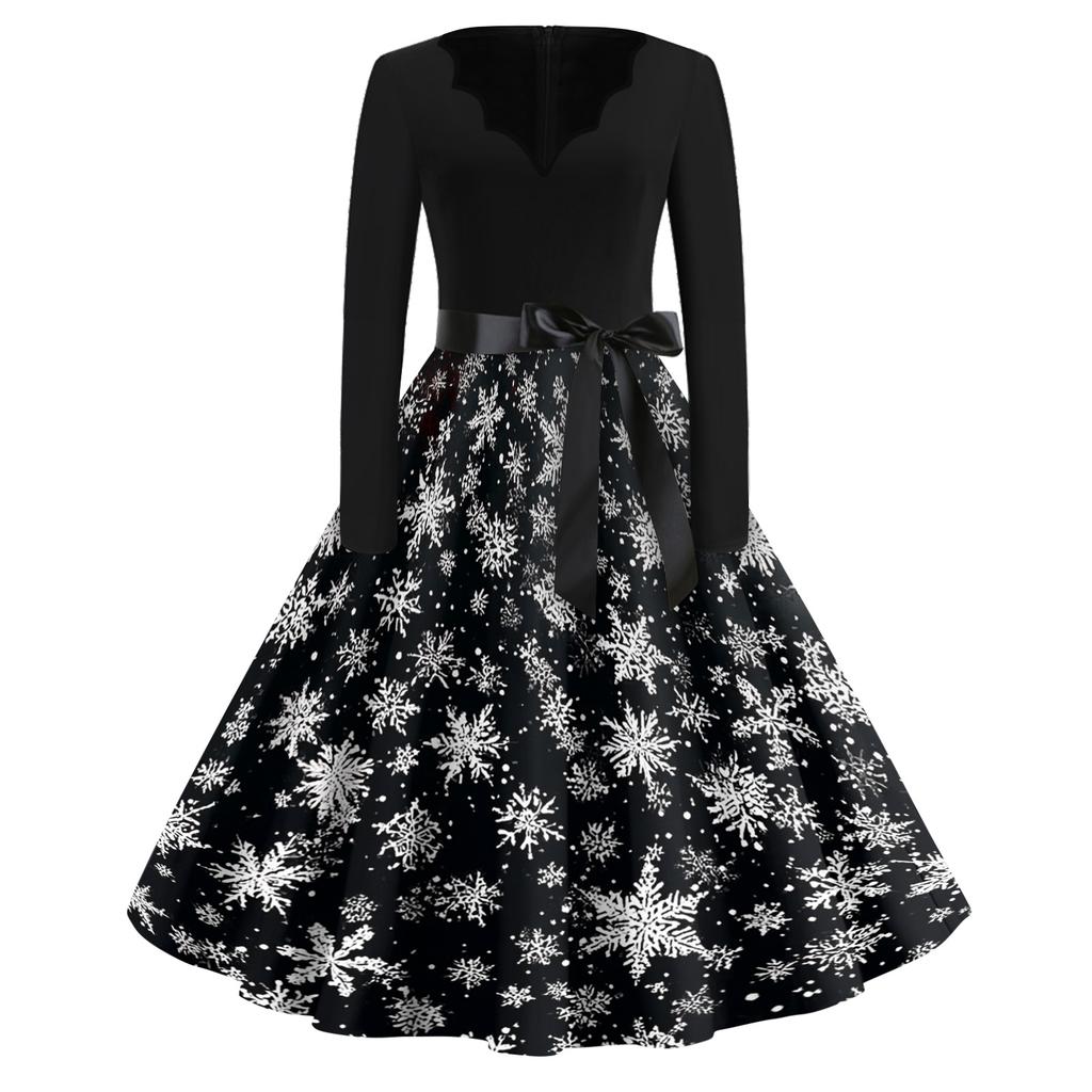 Women's Retro V-Neck Christmas Dress with Snowflake and Christmas Tree Print, Vintage A-Line Dress for Holiday Party