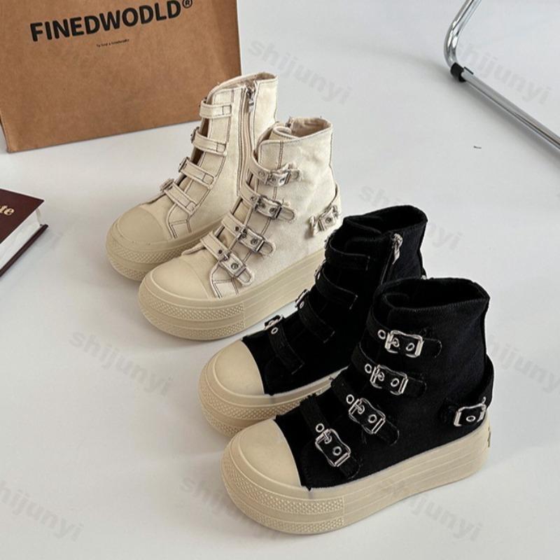 Fashion Retro Fashion Buckle Design Thick Soled Casual Canvas Short Boots for Women 2025 Autumn Comfortable Non Slip Chunky Ankle Boots