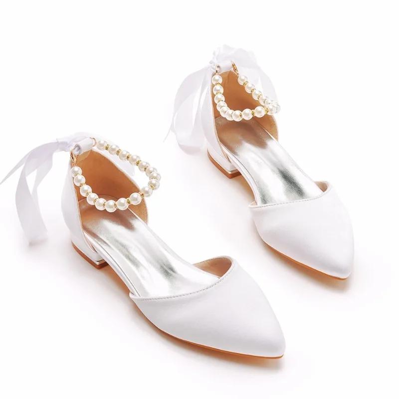 Quality Women Sandals Female String Bead Silk 2CM Square Heel Buckle Strap Ribbon Bohemian Sweet Bride Women's Dress Shoes White