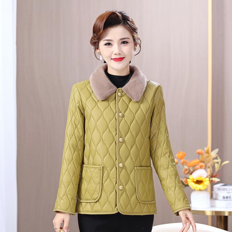 Chic Winter Fleece-lined Coat for Middle-aged & Elderly Women - Fashionable Leather-Feel, Loose Fit Top