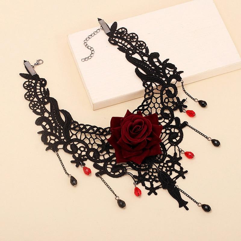 Gothic-Halsketten, schwarze Perlenblumen, sexy Spitzenhals-Halskette, Vintage-Quastenkette, Damen-Steampunk-Halloween-Schmuck