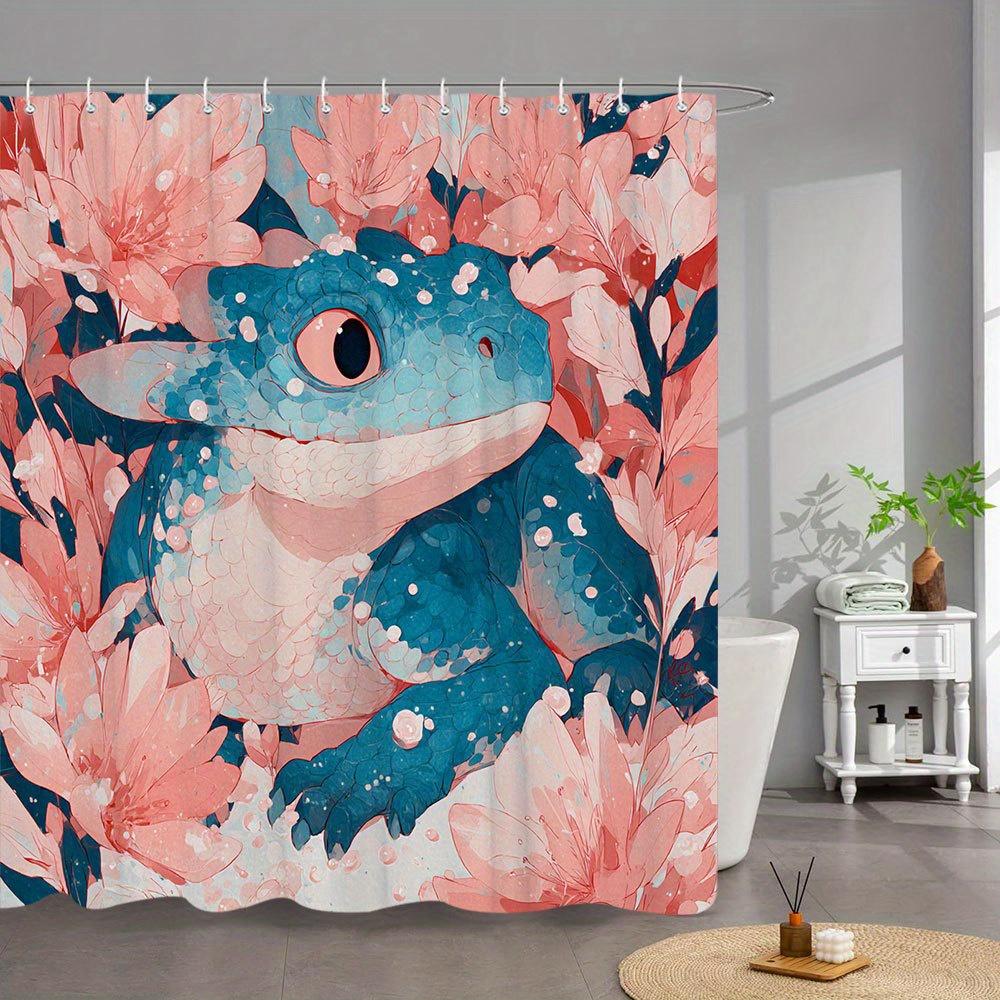 1pc Fantasy Lizard Bath Curtain - Blue Creature with Pink Eyes, Textured Scales & Blooming Pink Flowers Watercolor Design