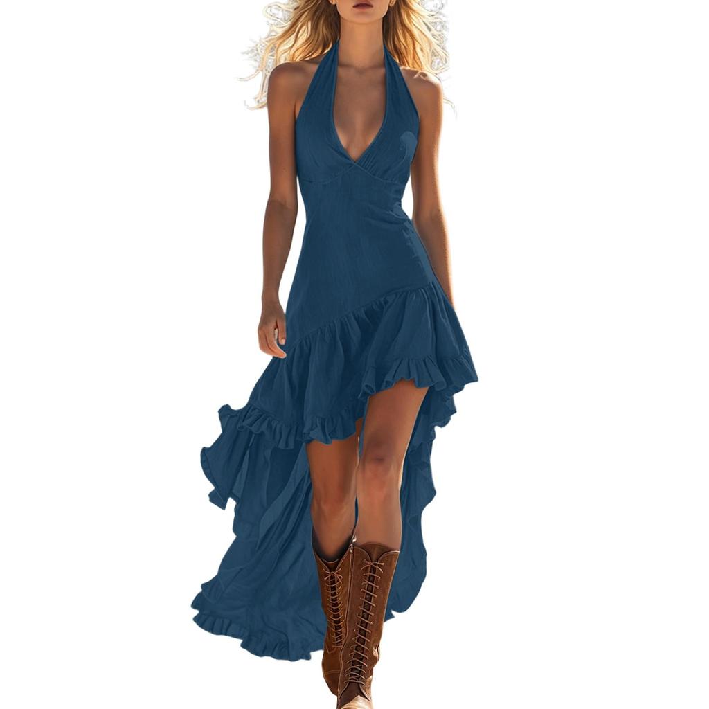 Abito da Donna Senza Maniche Scollo a V con Orlo a Volant Vintage Design High-Low per Eventi Casual Serali Estivi