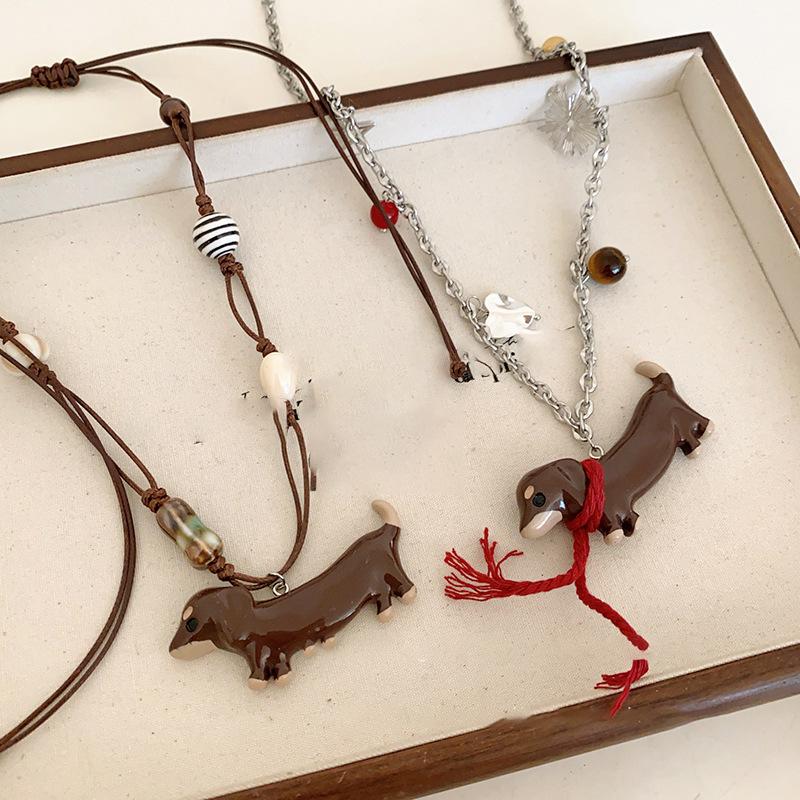 Resin Love Sausage Puppy Pendant Necklace Niche Design Sense Collarbone Chain Versatile Fashion Personalized Jewelry