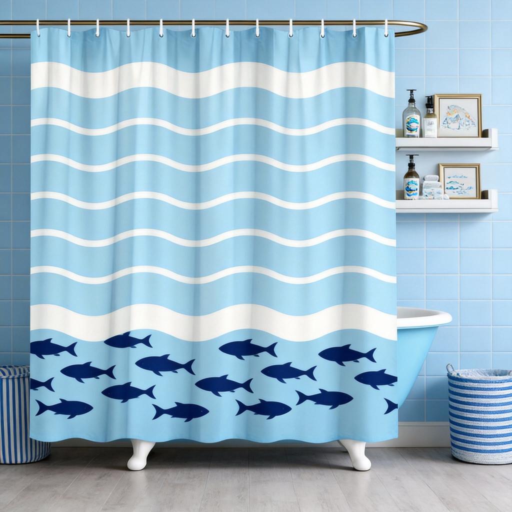 Color Block Plaid Shower Curtain Navy, Coral & Beige Grid Design, Modern Minimalist Pattern for Contemporary Bathroom Decor