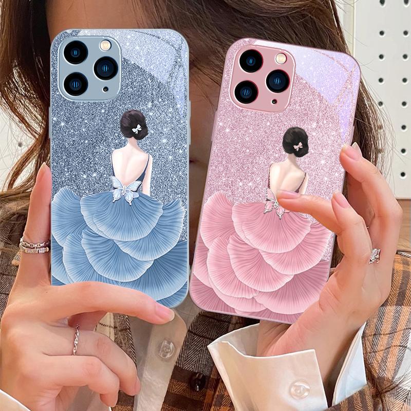Flower Girl Colorful For IPhone 16 Pro Max 15 Pro 14 13 12 Mini 11 XS Max XR 7 8 Plu SE 2022 Tempered Glass Phone Case