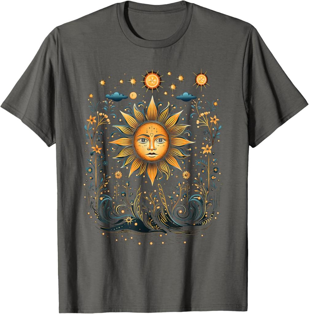 Mystic Celestial Sun Face Floral Graphic T-Shirt Casual Short Sleeve O-Neck Tee For Men