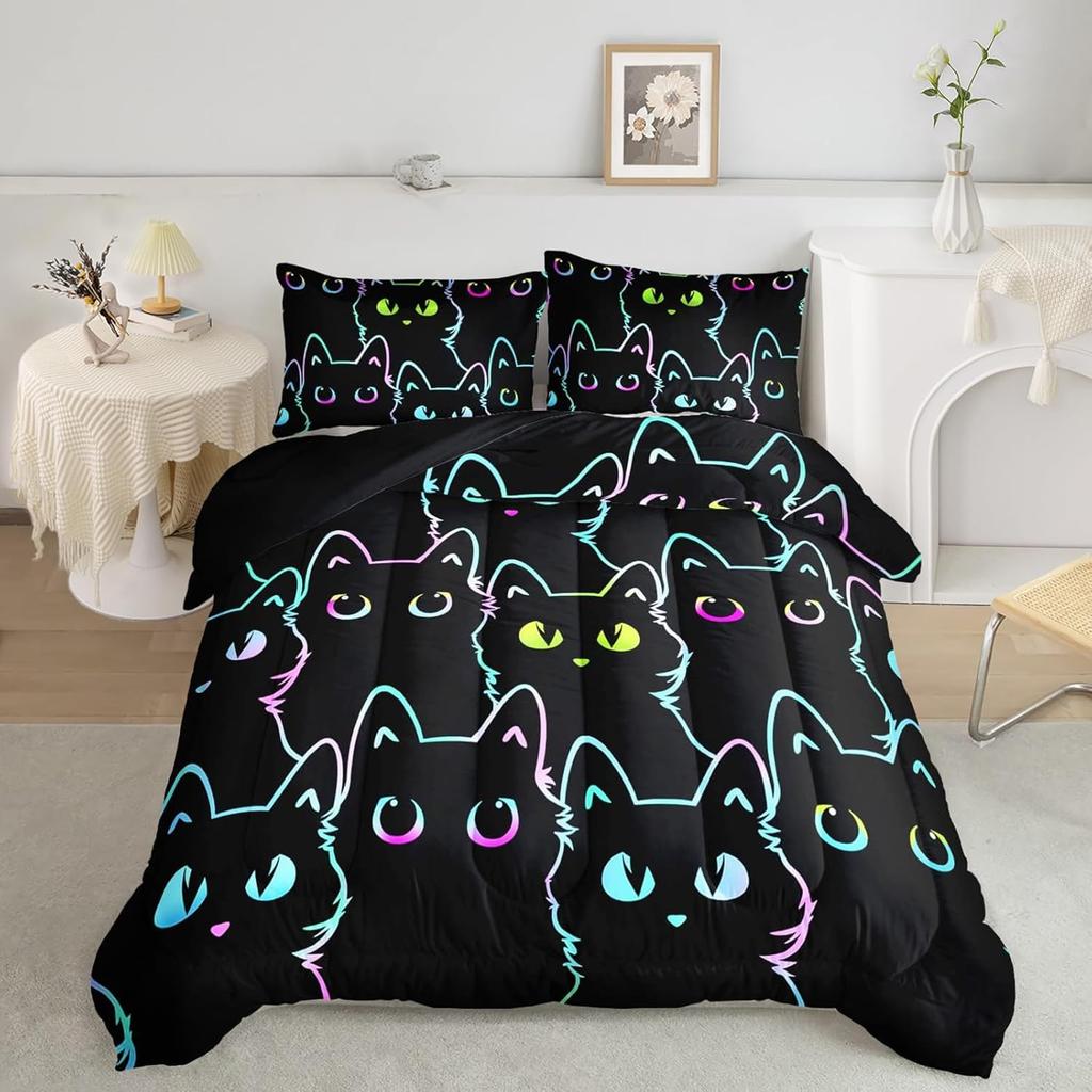 Axolotl Kids Bedding Cartoon Cat Comforter Set Twin Size,Gradient Line Cute Cat Bedding Set for Teens Boys Girls Adults Room Decor,Kids Comforter Set