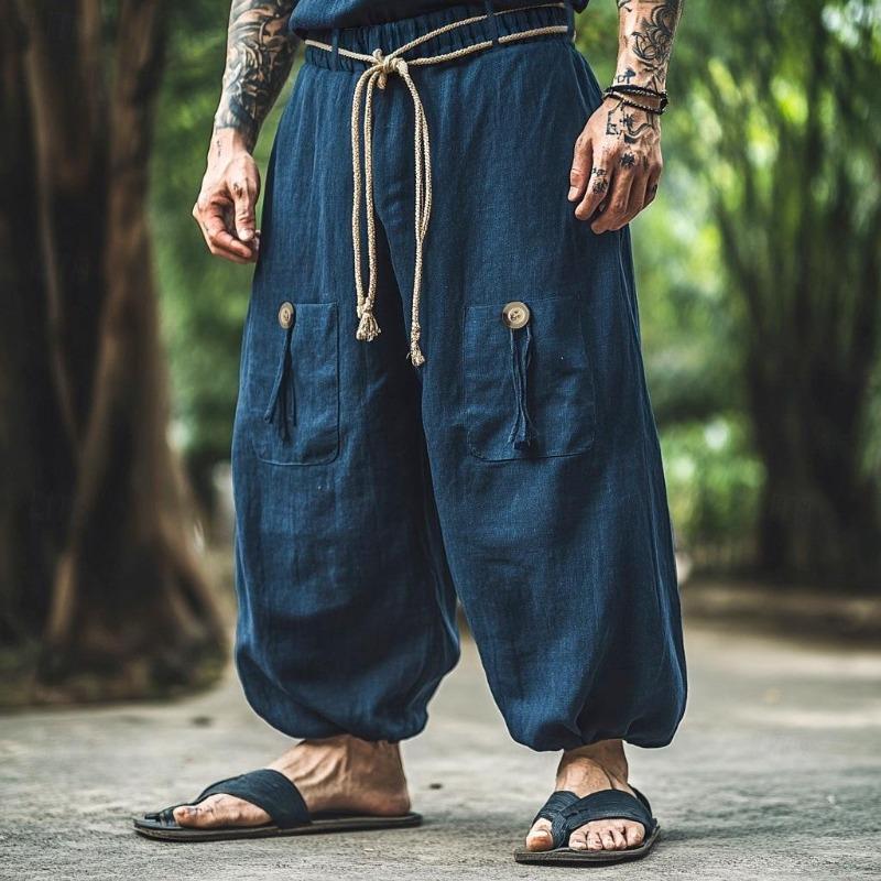 Pantaloni Larghi Casual in Cotone e Lino Stile Etnico da Uomo Primavera Estate Monocolore Allacciati Larghi Streetwear Vintage Maschile