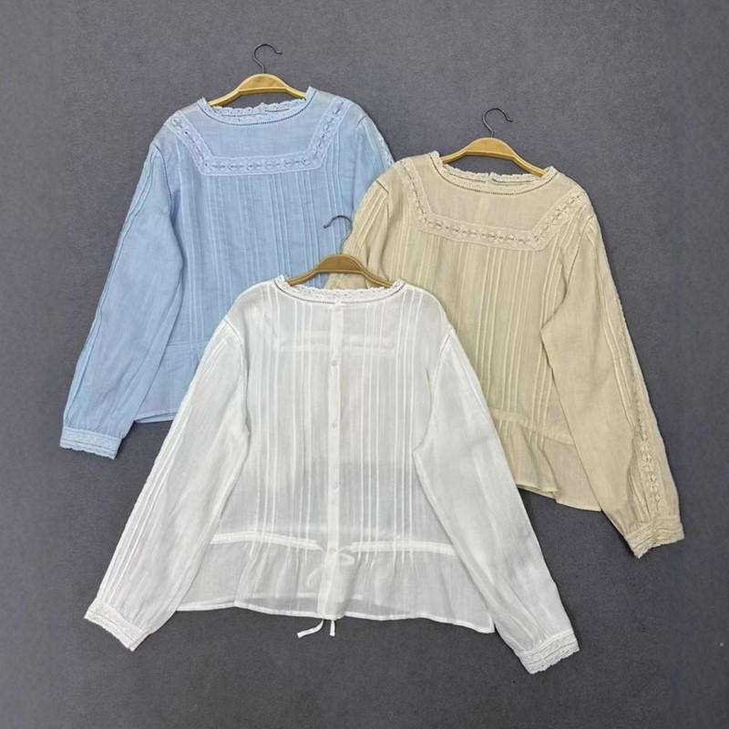 Johnature Japanese Lace Neckline Shirts Spring Summer Pressed Panel Ramie Pullover Thin Loose Casual Shirts Women