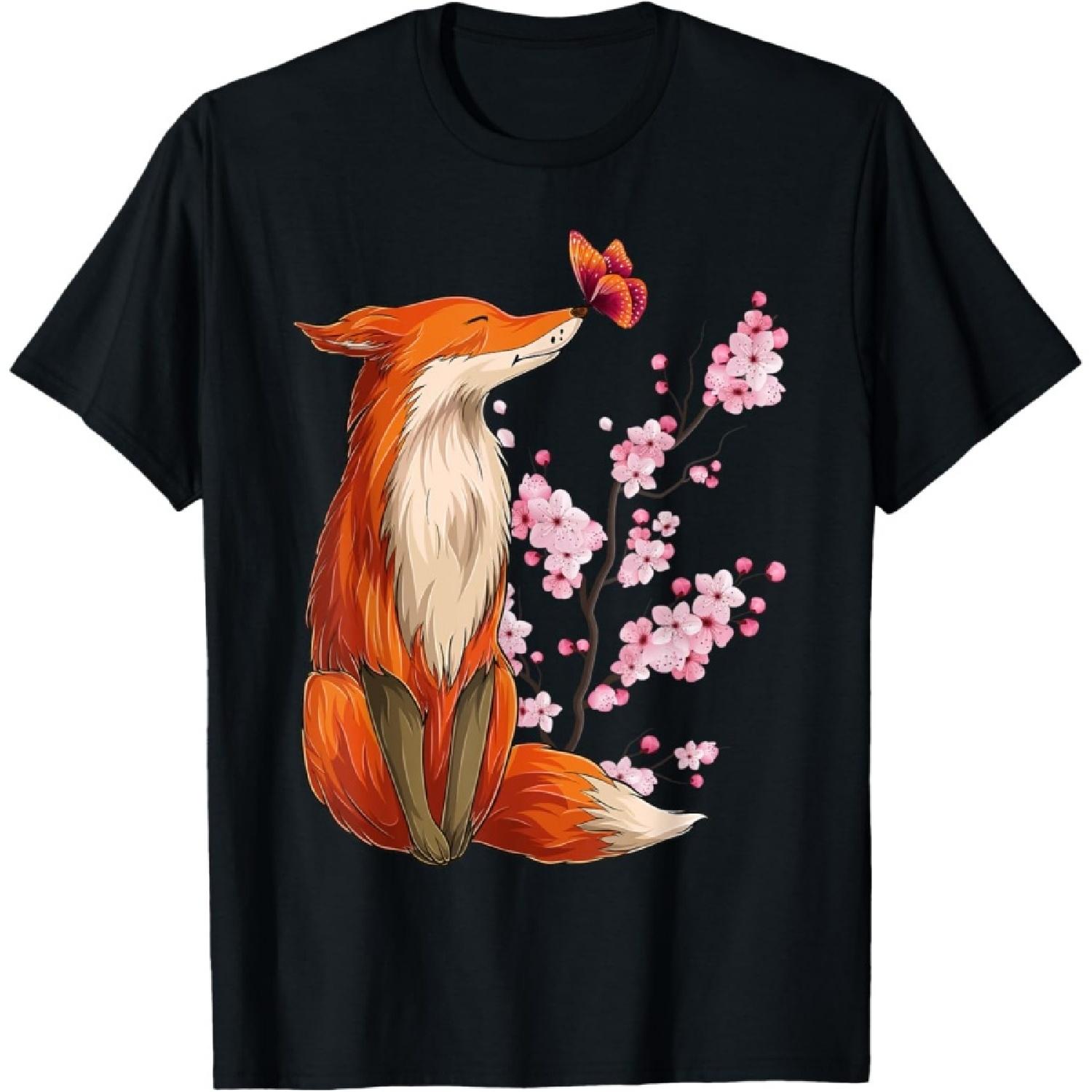Японская Лисица Цветок вишни sakura деревья Kawaii Футболка S