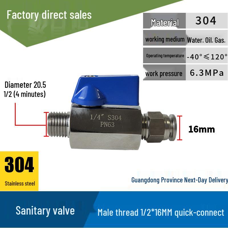 304 Stainless Steel Sanitary Mini Ball Valve, Internal/External Thread, High Pressure, 1/8"-3/4" Sizes, Open Pagoda Design