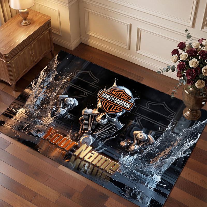 Tappeto in Velluto di Cristallo Personalizzato Harley-Davidson, Tappeto Morbido Antiscivolo con Testo Nome Personalizzato per Soggiorno Camera da Letto