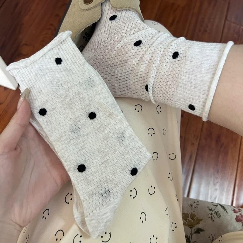 Women's Polka Dot Rolled-up Socks, Women's Mid-calf Socks, Summer Thin Perforated Mesh Breathable Pile Socks for Women