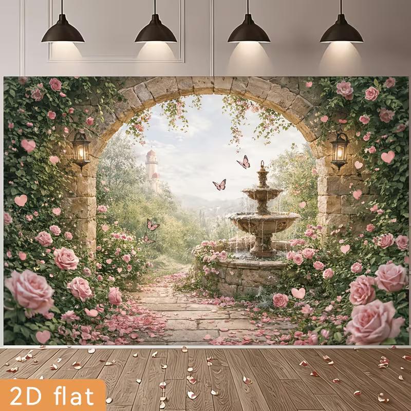 2D Romantic Rose Garden Fountain Backdrop Background Cloth
