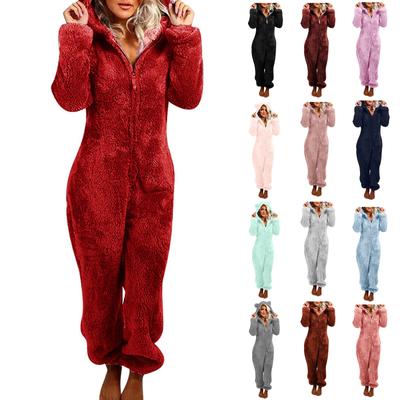 Women's Fashion Solid Colour Home Plush Warm Hooded Casual Pajamas Soft And Comfortable Jumpsuit