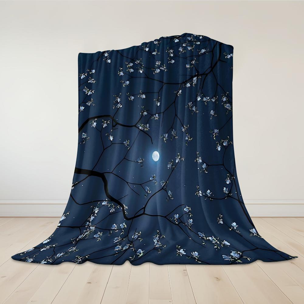 Moonlit Blossom Boughs Flannel Blanket Warm Soft Halloween Christmas Couch Warm Cozy Decorative Decor Gift for All Season