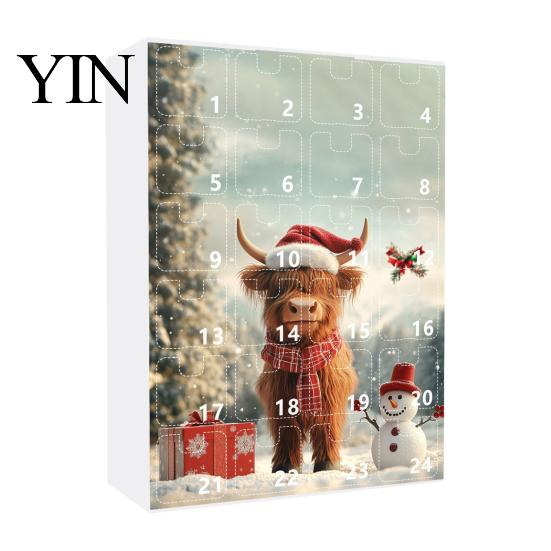 Decorative Acrylic Ornaments for Windows Doors Christmas Advent Calendar, 24 Day Countdown Box with Highland Cow Hanging Tree Pendants, Festive Decor,