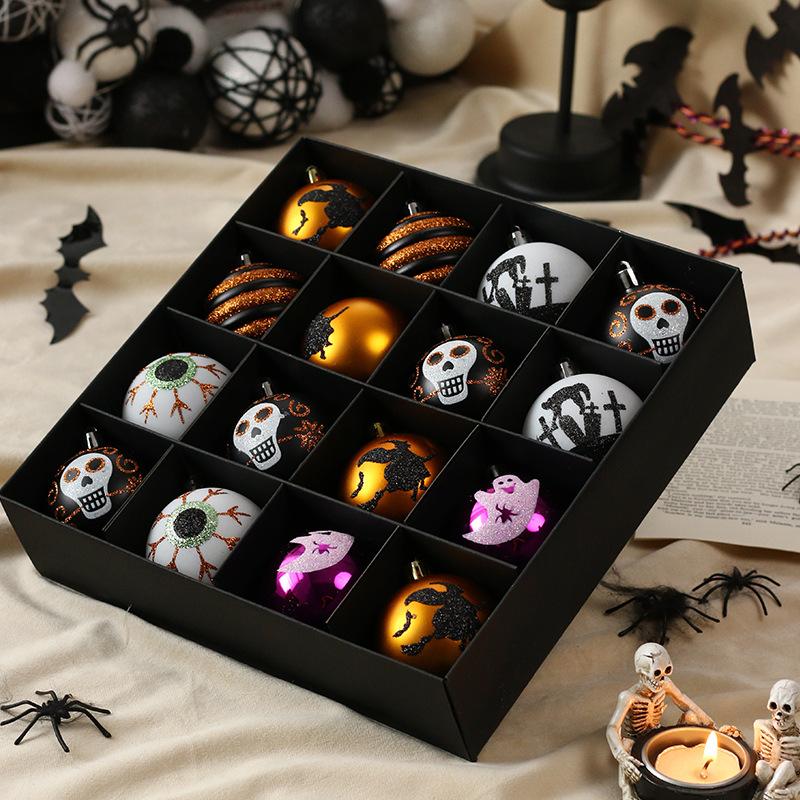 Halloween Decorations, 16 Pieces/set, Painted Ghosts, Skeletons, Plastic Balls, Holiday Ornaments, Ghost Party Pendants
