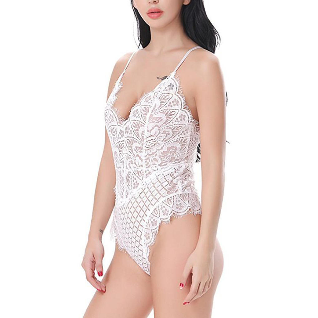 Women Lace Perspective Bodysuits Jumpsuits Backless Sexy Perspective Sleepwear