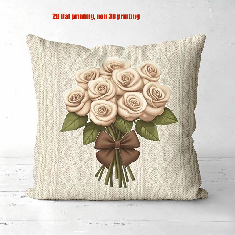 Beige Pillows With Bow And Rose 2D Printed Decor Polyester Pillowcase, Sofa Decorative Cushion Cov Headboard Pillow