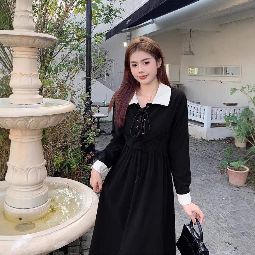 Autumn/Winter 2026 Women's Long-Sleeve Black Dress Set with Korean Style Long Skirt