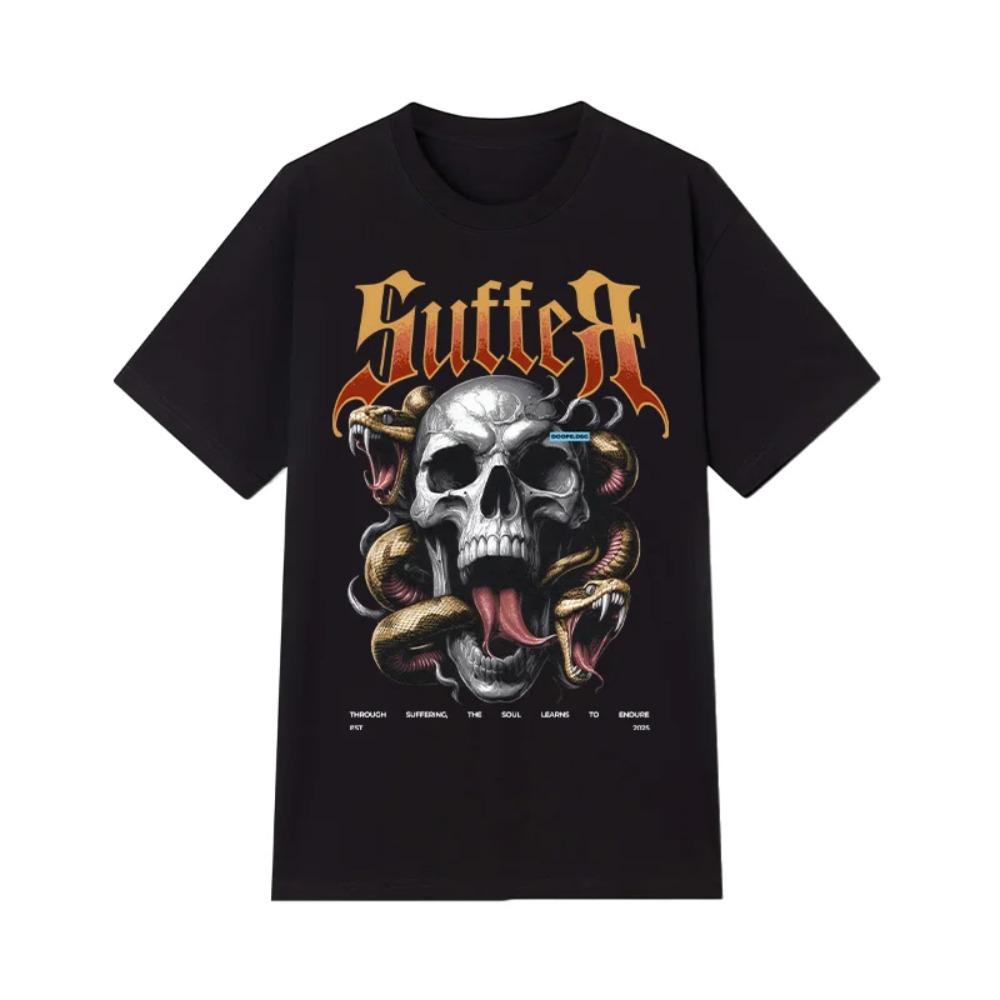 Black Men's Cotton Heavyweight T-shirt Fashionable Print Comfortable Breathable Casual Crew Neck Short Sleeve Top