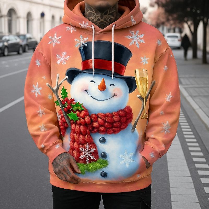 Men's Christmas Snowman 3D Print Hoodie, Festive Winter Design hooded, Long Sleeve Hooded Style, Seasonal Holiday Casual Wear