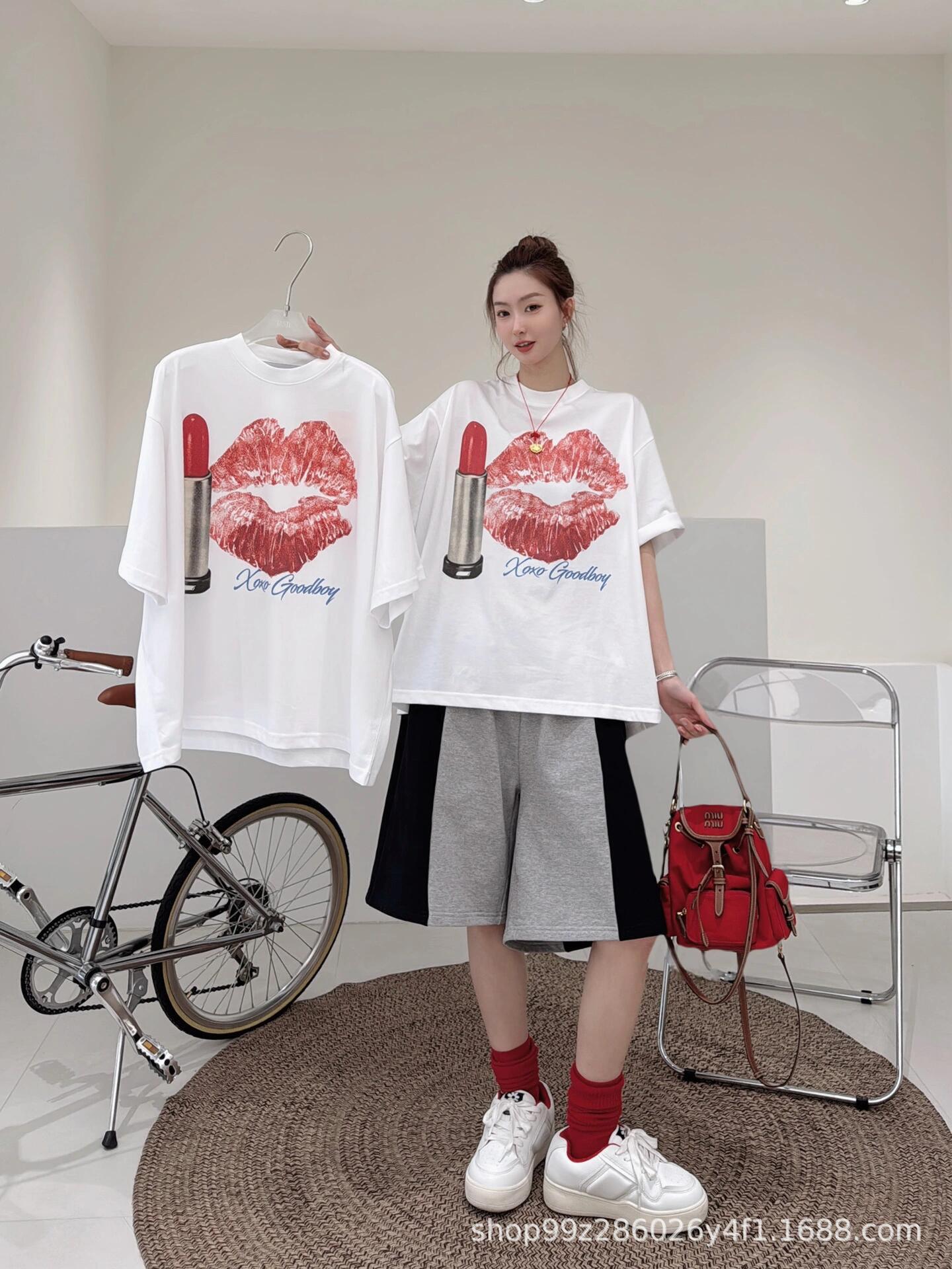 Nanyou Unisex XO Lipstick Print Round Neck Loose T-shirt Short Sleeve Basic Top S белый