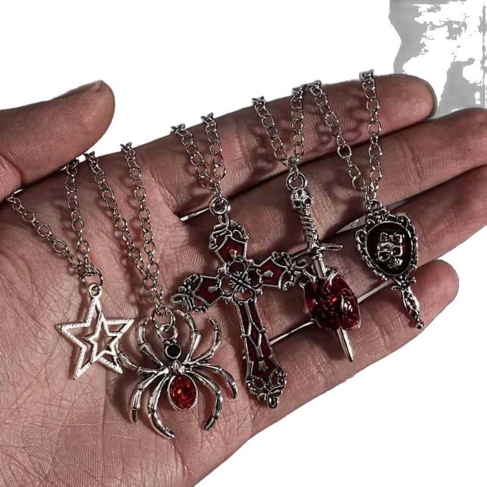 5pcs Set Gothic Punk Star Spider Cross Sword Skull Pendant Necklace for Women Men Halloween Party Daily Wear Aesthetic Jewelry