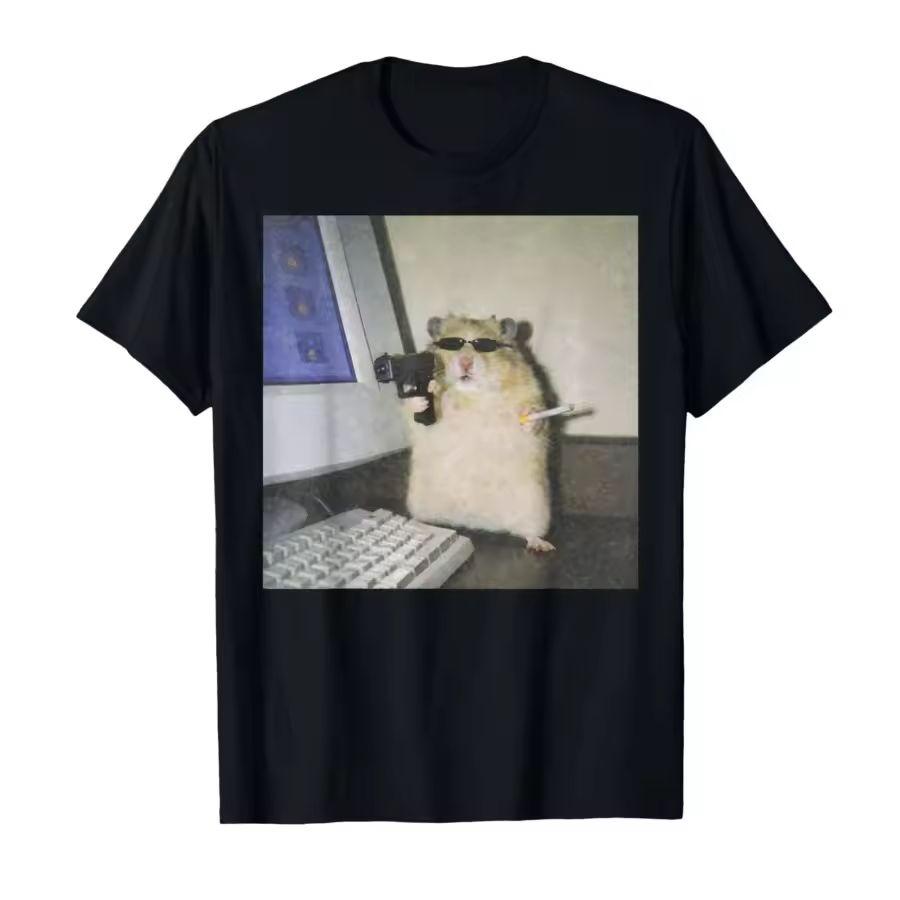 Cyber Hamster Meme Cringe Funny Animal Vintage Graphic Print T-shirt for Women Short Sleeve Rou