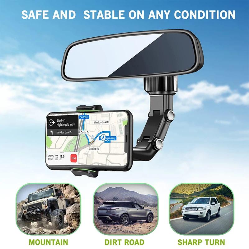 Adjustable Length Extendable 360° Rotatable Rearview Mirror Phone Holder Multifunctional Car Phone Mount for Vehicle Safety