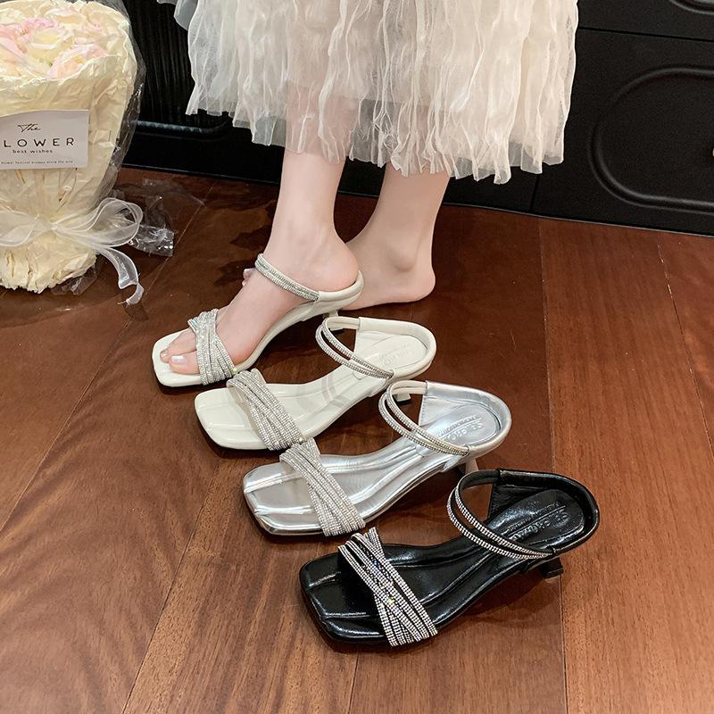 Fairy Wind French Rhinestone Word with Square Head Cool Slippers Female Summer Wear Stiletto High Heels Temperament Open-toed Sandals