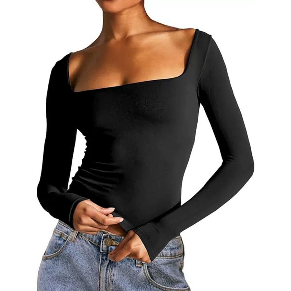 Women's Solid Color Square Collar Top,Slim Long-sleeved Top