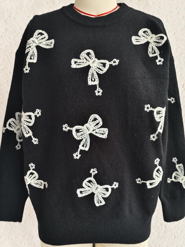 

Осень 2025 Женский свитер с О-образным вырезом и оборками, с длинным рукавом, вязаный, для ношения под низ, с цветочным принтом, пуловеры, женский повседневный свитер, зима L чёрный