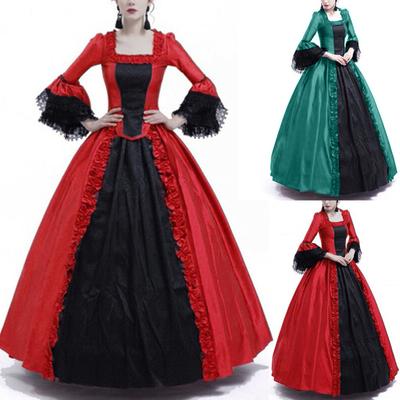 Women Fall Winter Gothic Retro Floral Print Ball Gowns Flare Sleeve Gowns Dress