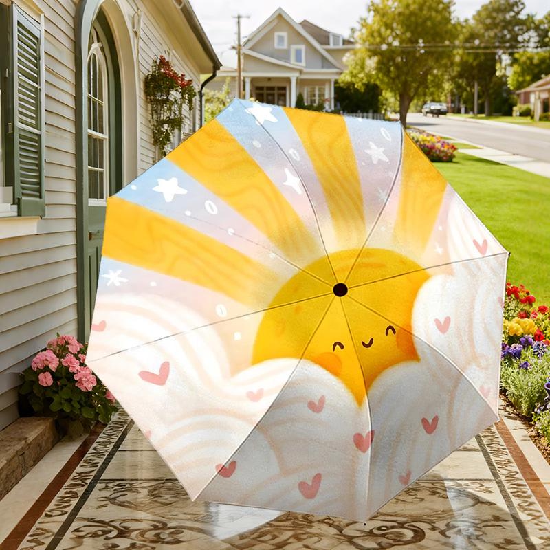 1pc Sunshine Clouds Automatic Folding Umbrella 8 Rib Iron Frame,  Suitable for Travel, Daily Use, Birthday, Women & Men Gift