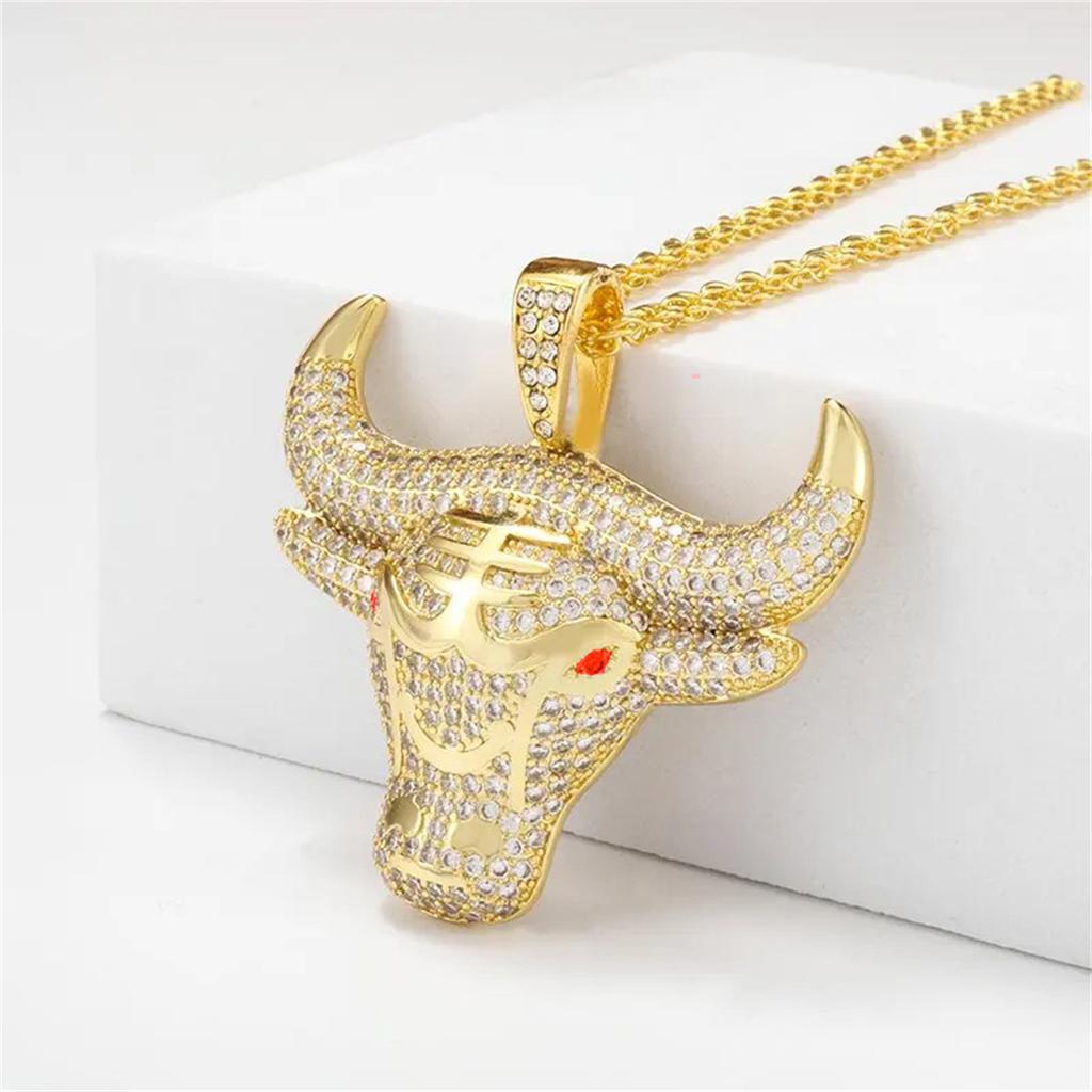 Tier Stierkopf Anhänger Halskette für Herren Hiphop Iced Out Bling Mikro Paved Rot CZ Halskette Punk Rock Biker Schmuck