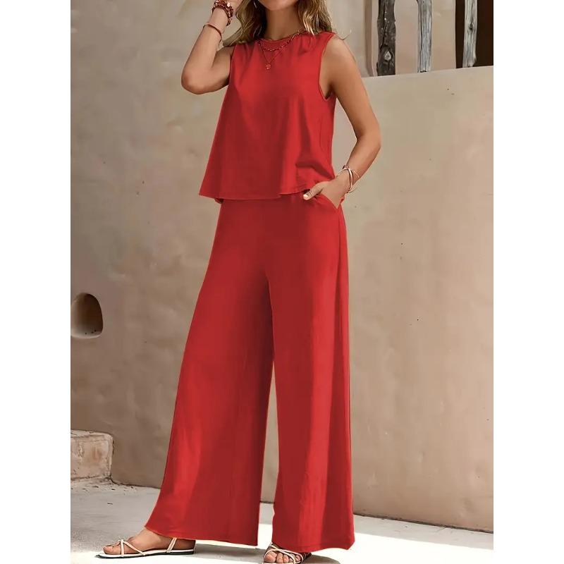 Conjunto de Dos Piezas para Mujer: Top Casual sin Mangas y Pantalones de Pierna Ancha