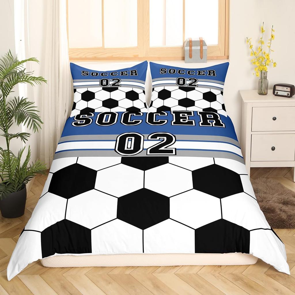 Reißverschluss mit Fußball-Bettbezug, Vollgröße, Fußball-Sport-Bettwäsche-Set, Jungen, Teenager, Ballspiel-Deckenbezug, Blauer Bettdeckenbezug, 3 Teile