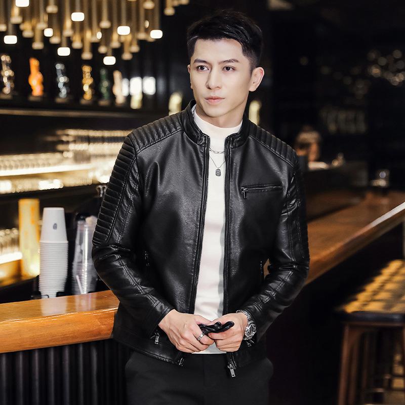Men's coat trend slim fit versatile spring and autumn new pu leather jacket stand-up collar locomotive jacket men's top coat men's