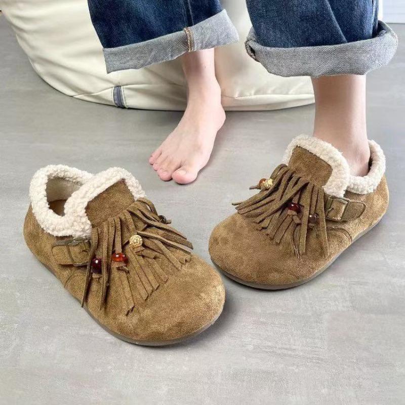 Retro autumn and winter new versatile tassel soft-soled lazy wool cotton shoes