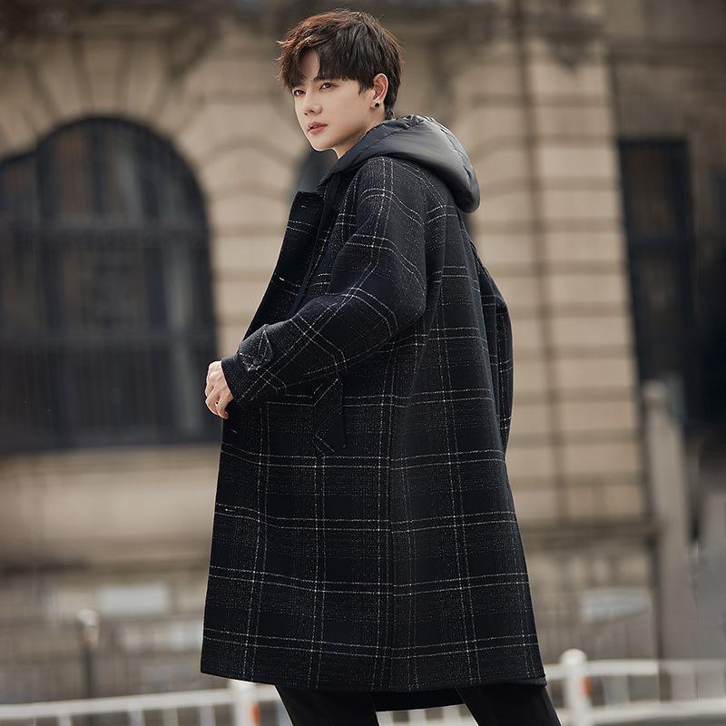 New Woolen Coat Men's Medium and Long Korean Version Loose British Men's Autumn and Winter Hooded Plaid Woolen Coat