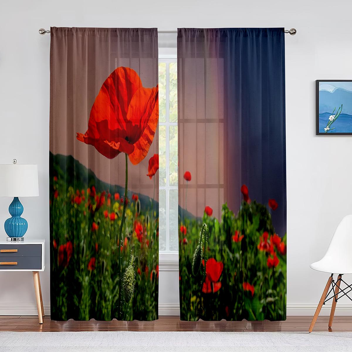 

Красные маки на зеленом поле, цветочные прозрачные шторы, тюлевые шторы для гостиной, окна, спальни, кухни, домашний декор, вуали, шторы 1 PCS W100XH250cm&Grommet Top