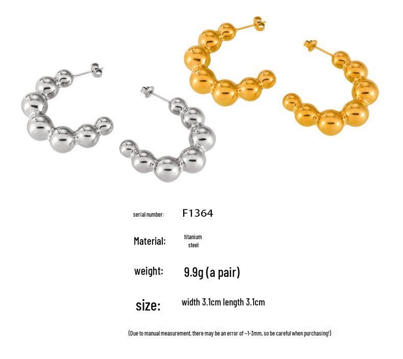 Retro Korean Style Titanium Steel Gradient C-Shaped Earrings with Small Steel Ball