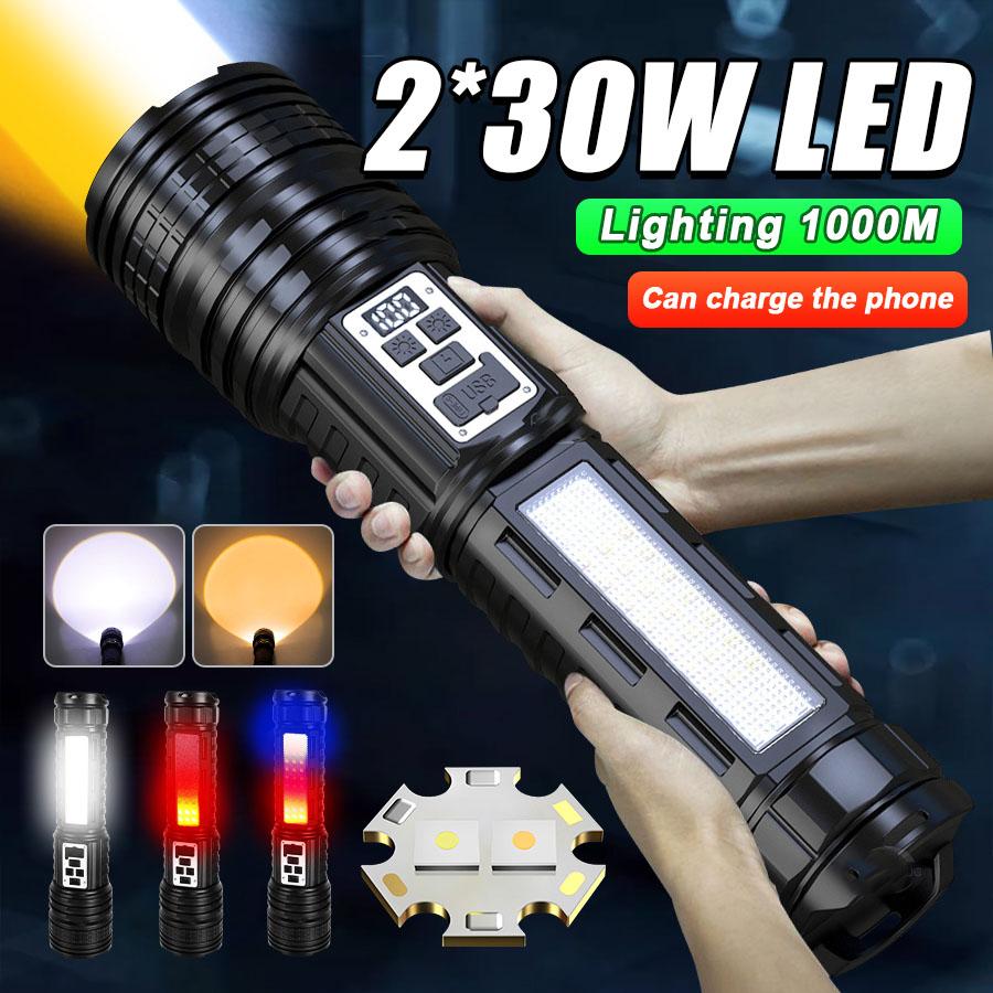 Most Powerful 2*30W LED Flashlight Rechargeable Type-c Flashlight Long Range 1000M Portable Torch Light For Fishing Hunting Lantern